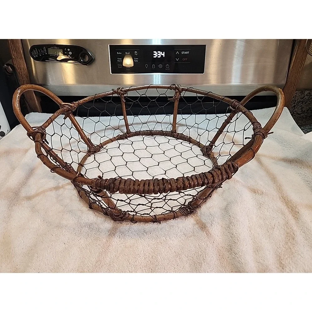 Rustic Round Chicken Wire Twig Branch Wood Basket